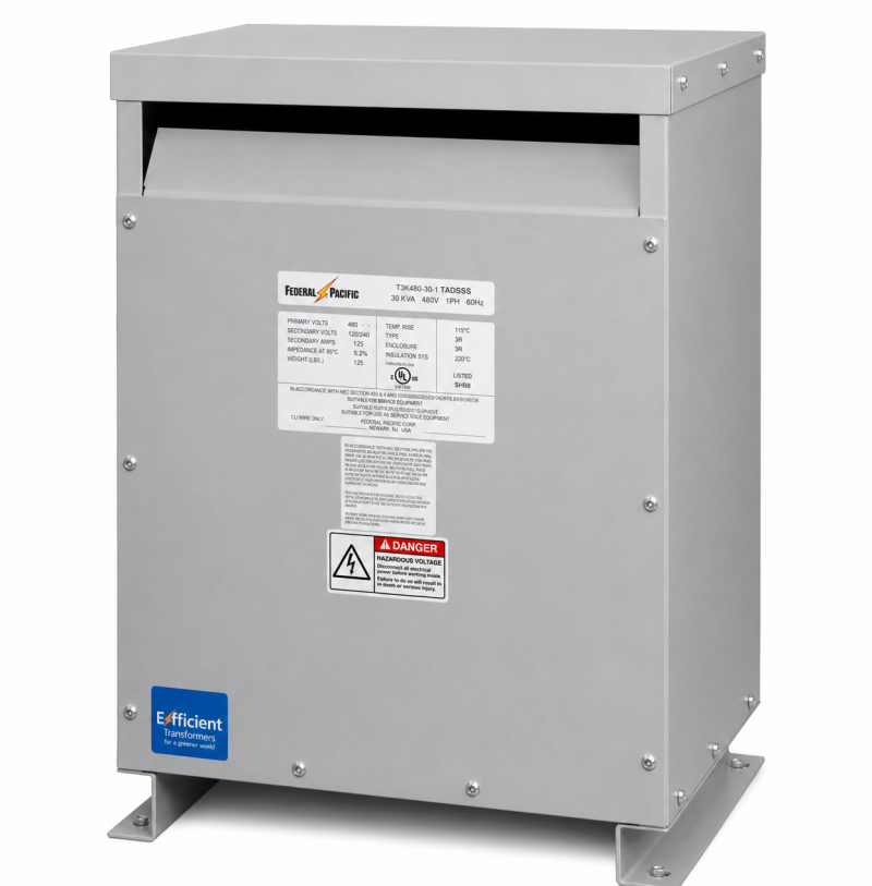 Federal Pacific S2T50FE 50 kVA Single-Phase Dry Type Transformer: 240 x 480V to 120/240V